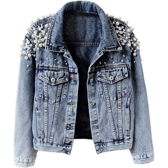 Women's Embroidered Rivet Pearl Short Denim Jacket Coat Blue - Picture 1 of 6